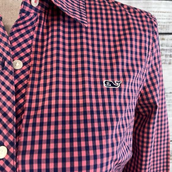 Vineyard Vines Blouse Shirt size 0 Pink Navy Blue Gingham Check Whale Casual - Picture 4 of 8